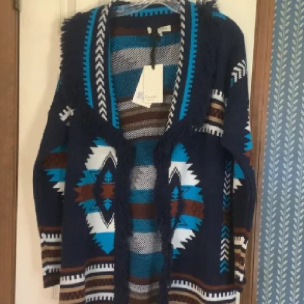 Cocogio Fringe Cardigan Sweater 30% Wool Navy Blue Small AI2147 Made In Italy